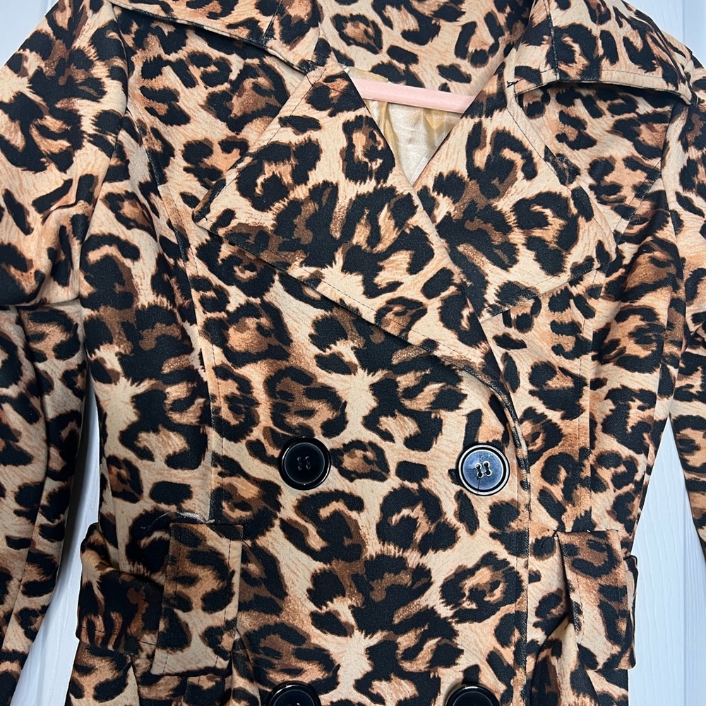 Brown and Black Trench Coat with Bold Leopard Print